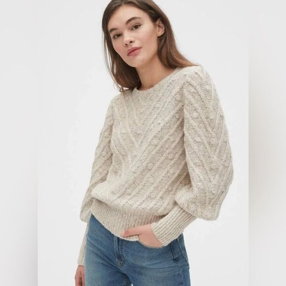 GAP Sweaters - GAP Heather Oatmeal Cream Crew Neck Sweater Bobble Textured Knit Puff Sleeves M